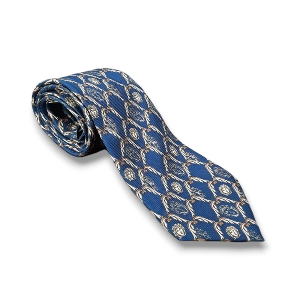 Made in Italy Pure Silk Tie Navy Gold Wreath Medusa Head Pattern